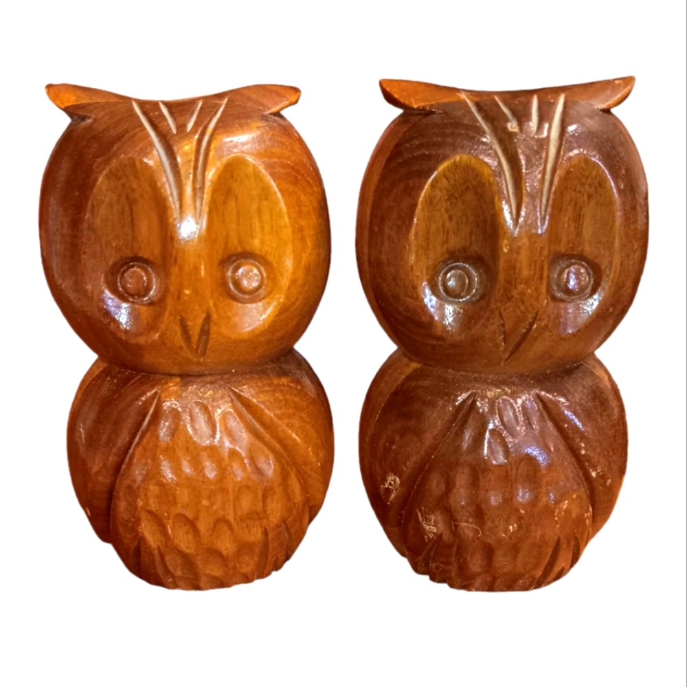 Vintage Carved Wooden Owls Bohemian Retro Home Decor Figurine 5x3 Mid Century